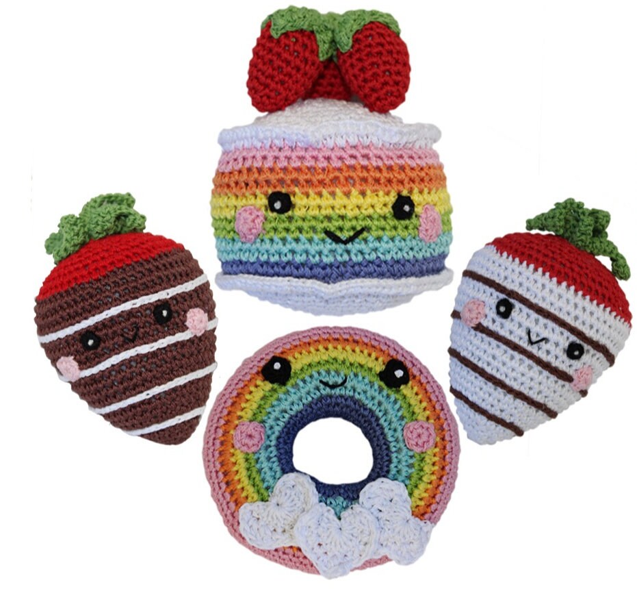 Knit Knacks Organic Cotton Pet & Dog Toys in various colorful designs, perfect for small-medium dogs.