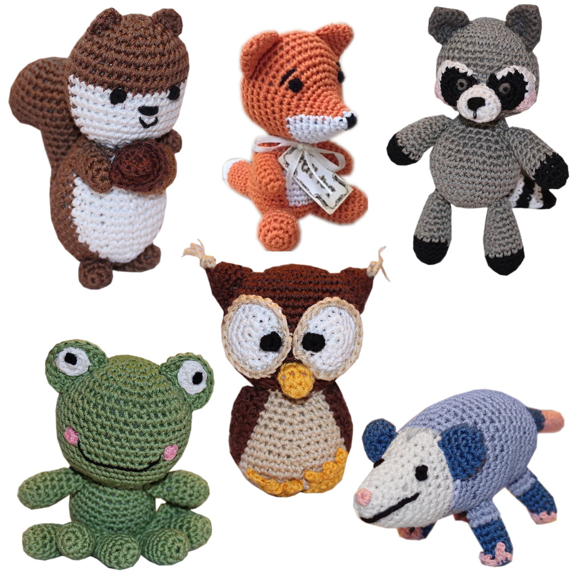 Knit Knacks Organic Cotton Pet & Dog Toys featuring woodland friends, ideal for small dogs, showcasing six unique crocheted designs.