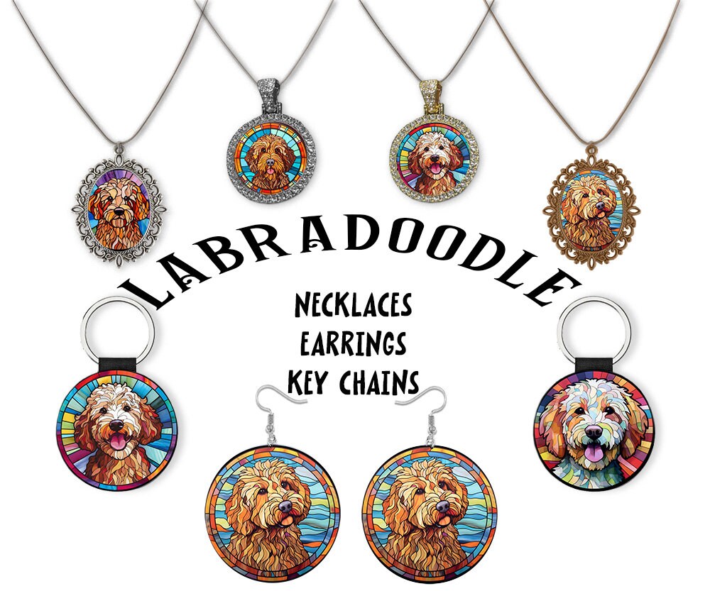 Stained glass style jewelry featuring Labradoodle designs in silver and gold.