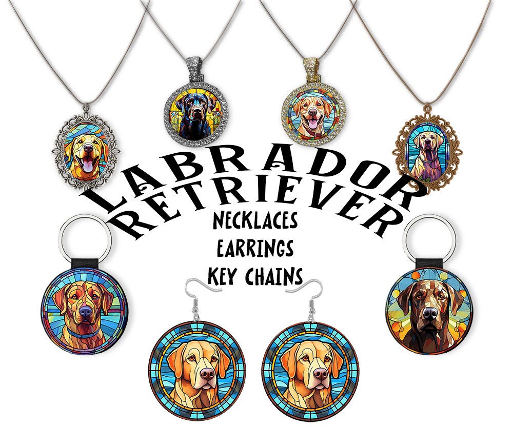 Beautiful stained glass style Labrador jewelry including necklaces, earrings, and keychains in silver and gold finishes.
