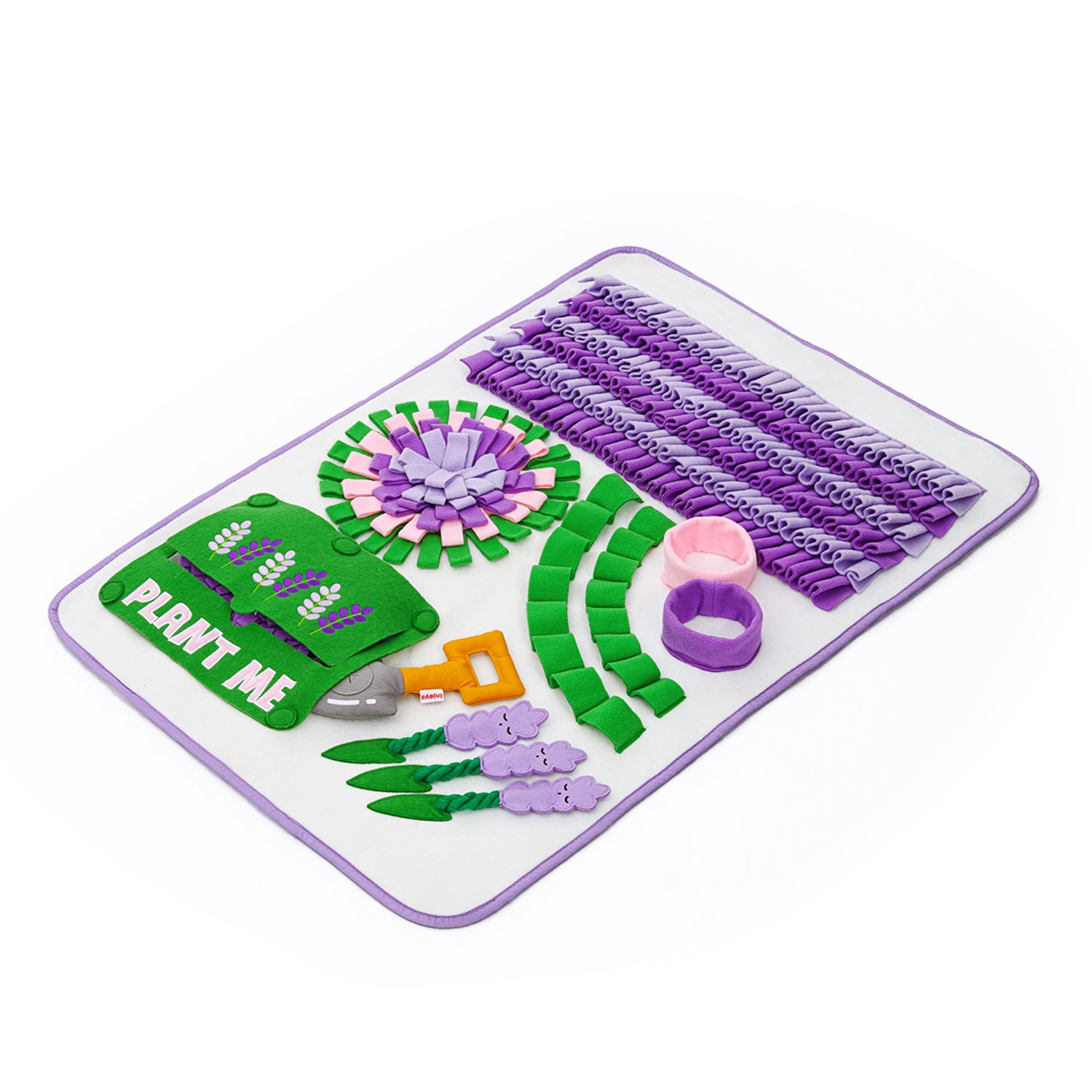 Lavender Garden Snuffle Mat featuring vibrant purple hues and plush fabric layers, designed for pet engagement and mental stimulation.
