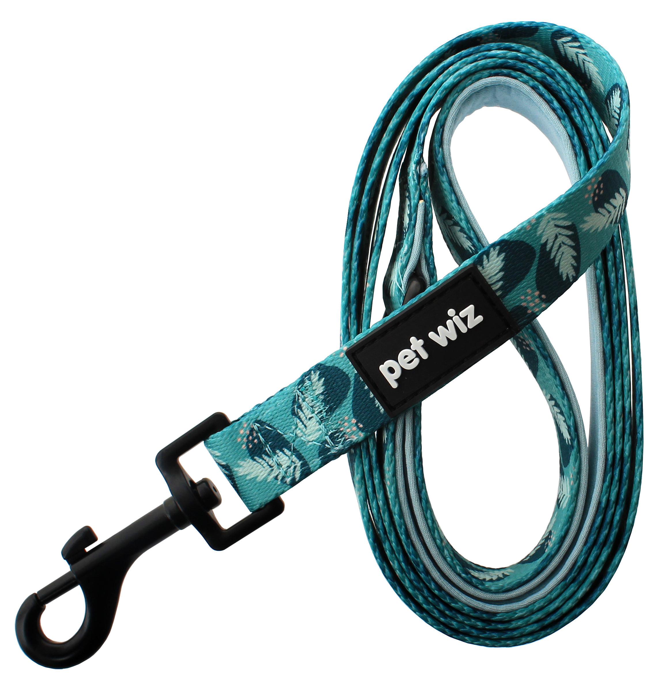 A vibrant jungle-themed dog lead featuring three unique patterns, showcasing its neoprene padded handle and durable swivel clip.