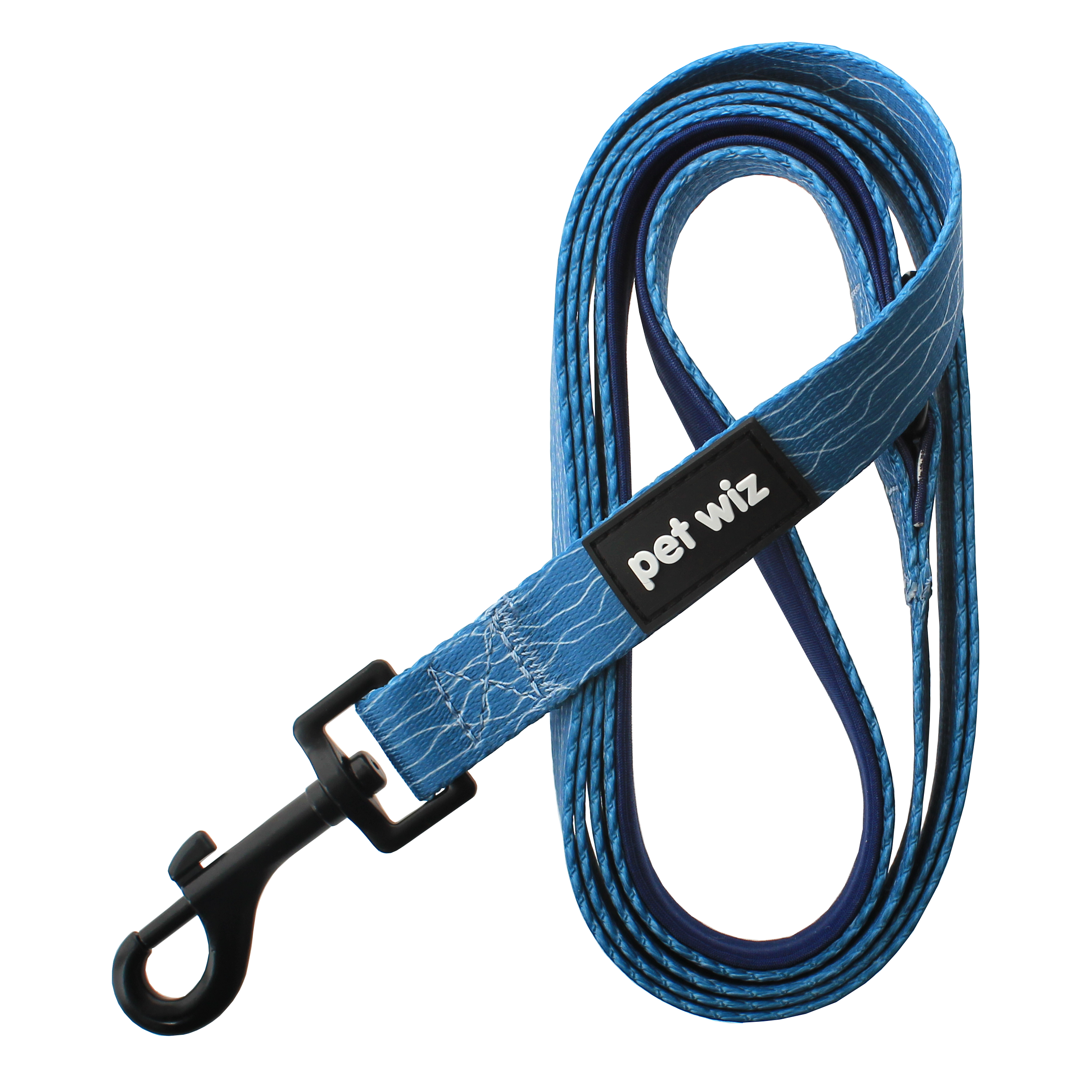 A vibrant jungle-themed dog lead featuring three unique patterns, showcasing its neoprene padded handle and durable swivel clip.