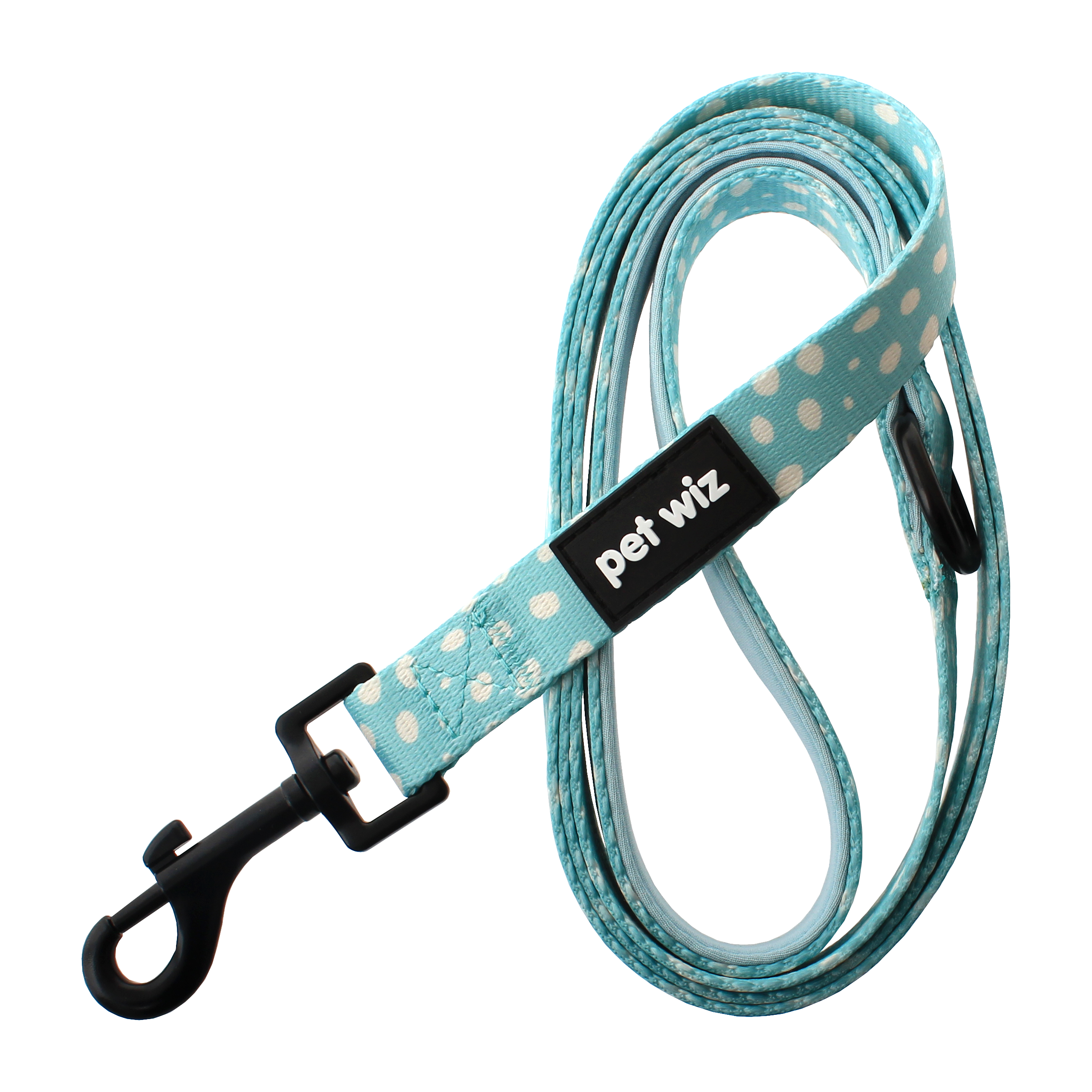 A vibrant jungle-themed dog lead featuring three unique patterns, showcasing its neoprene padded handle and durable swivel clip.