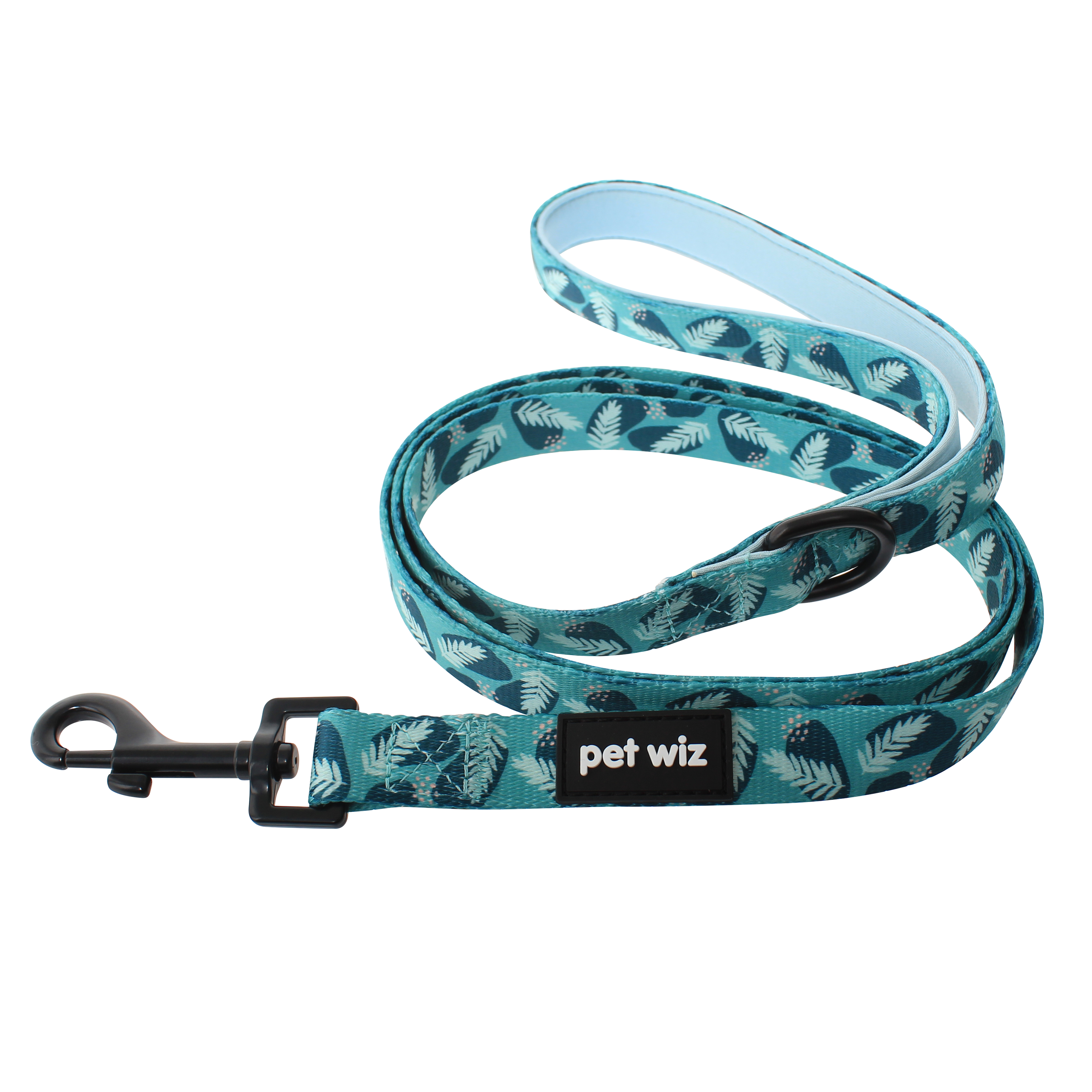 A vibrant jungle-themed dog lead featuring three unique patterns, showcasing its neoprene padded handle and durable swivel clip.