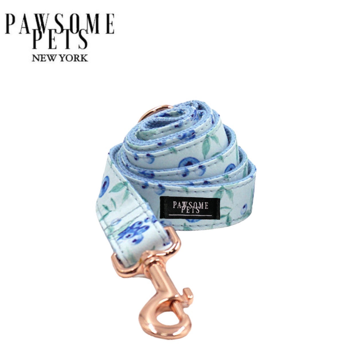 Stylish Blueberry dog leash with rose gold hardware and sturdy D-Ring for accessories.