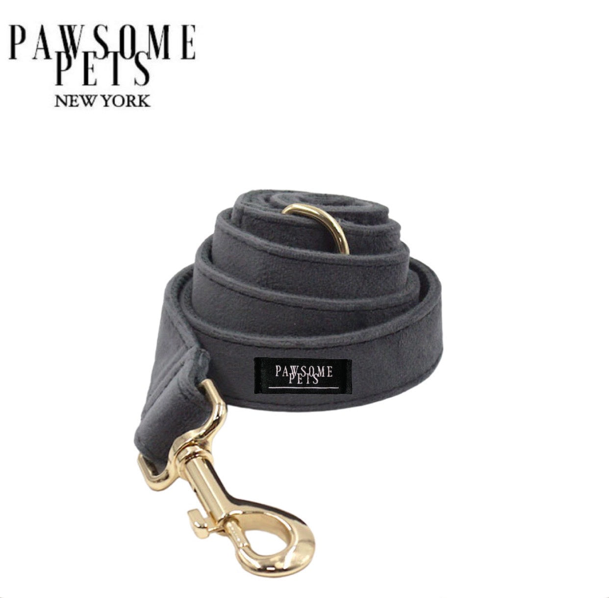 Stylish dark grey dog leash with rose gold hardware and sturdy D-Ring for accessories.