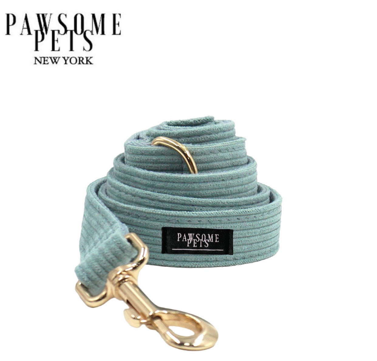 Stylish ice blue dog leash with rose gold hardware and D-Ring for accessories.