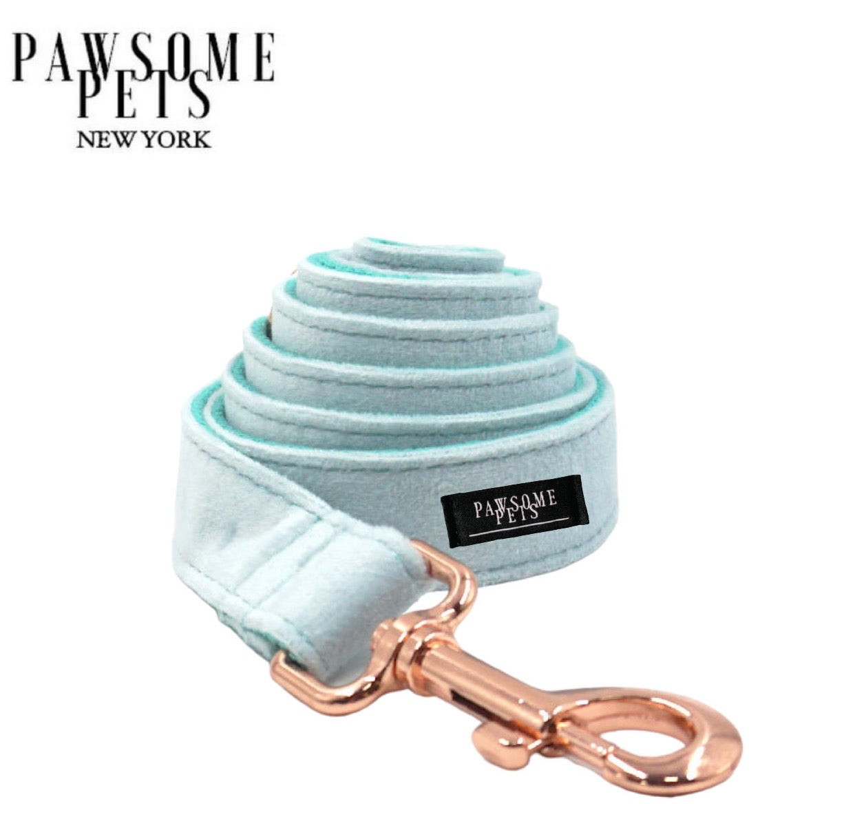 Stylish Ice Snow Blue dog leash with rose gold hardware and sturdy D-Ring for accessories.