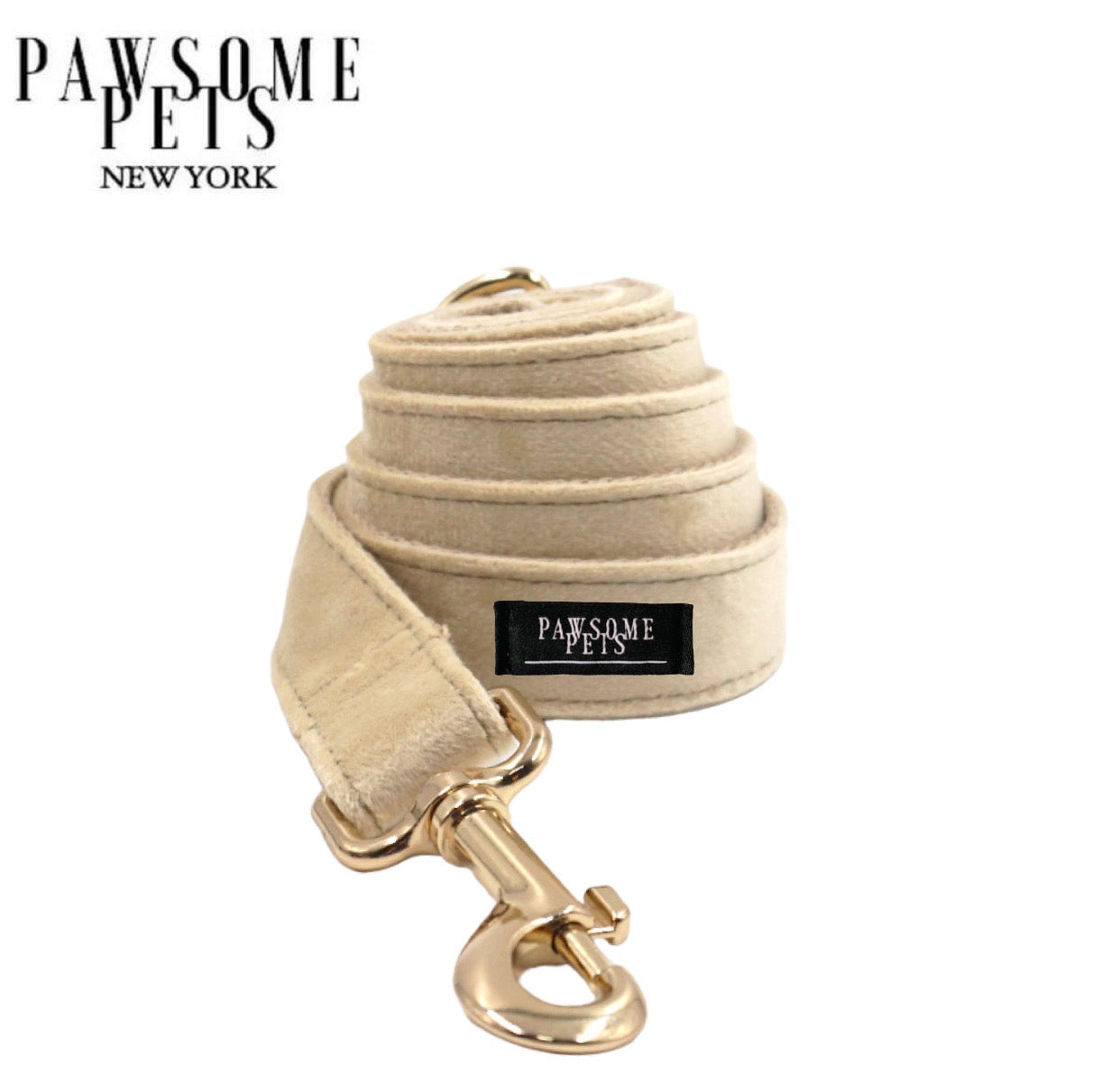 Stylish khaki dog leash with rose gold hardware and D-Ring for accessories.