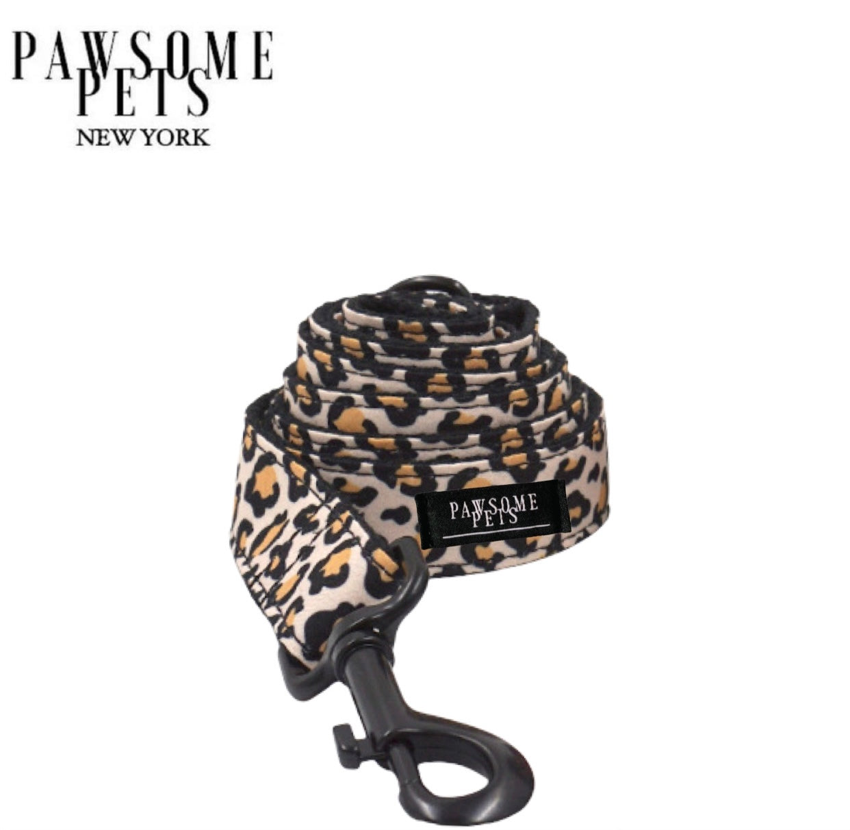 Stylish leopard print dog leash with rose gold hardware and D-Ring for accessories.