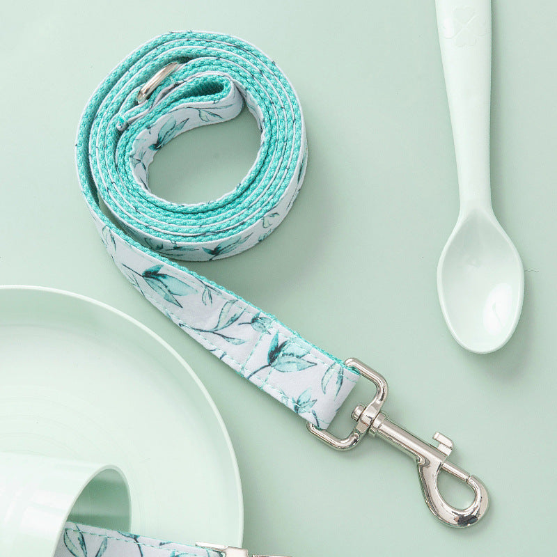 Stylish Mint Leaf dog leash with rose gold hardware and D-Ring for accessories.