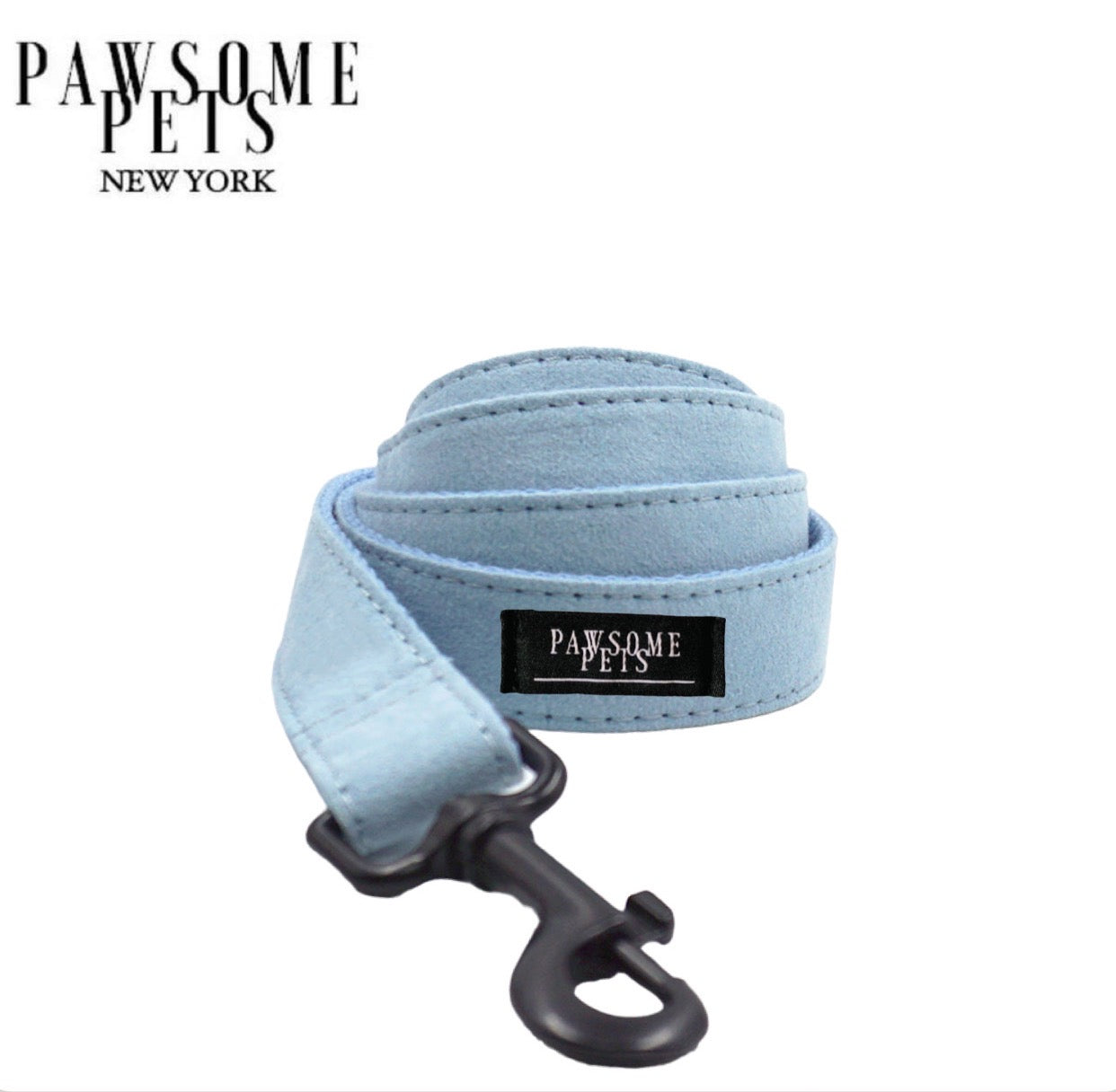 Stylish moon blue dog leash with rose gold hardware and D-Ring for accessories.