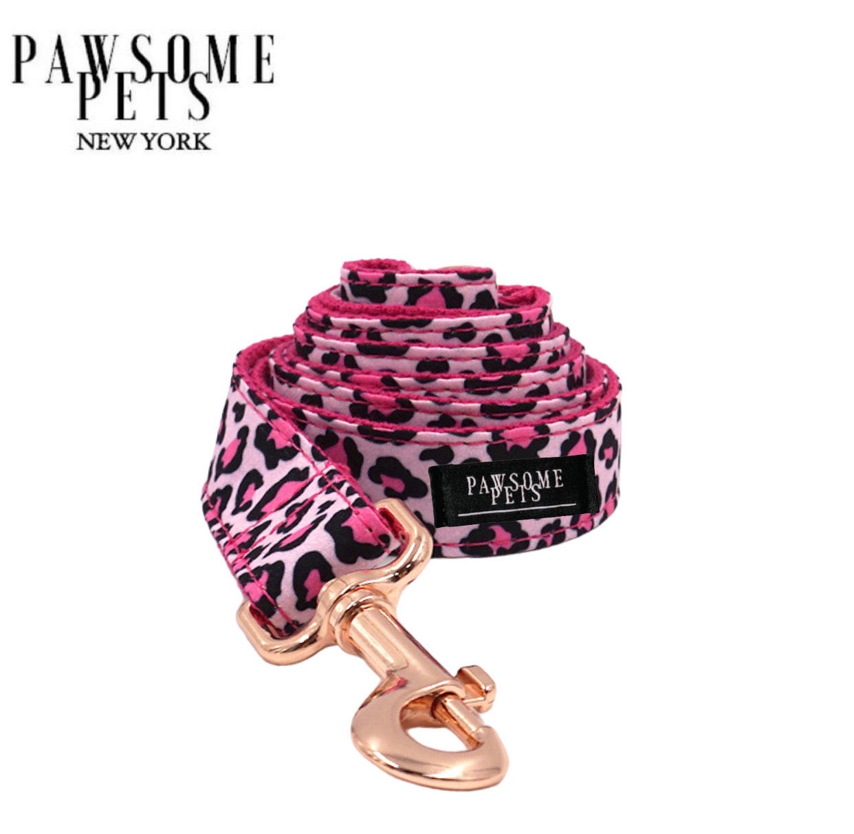 Stylish pink leopard dog leash with rose gold hardware and D-Ring.