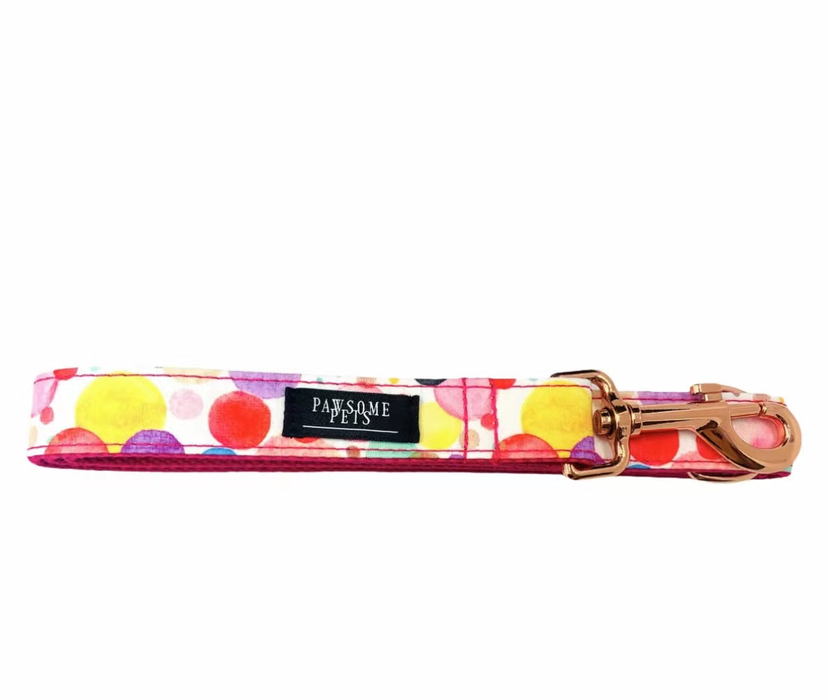 Purplish blue dog leash featuring rose gold hardware and nylon strapping.