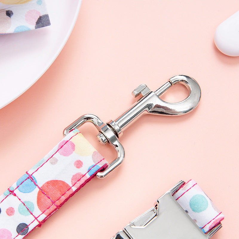 Purplish blue dog leash featuring rose gold hardware and nylon strapping.