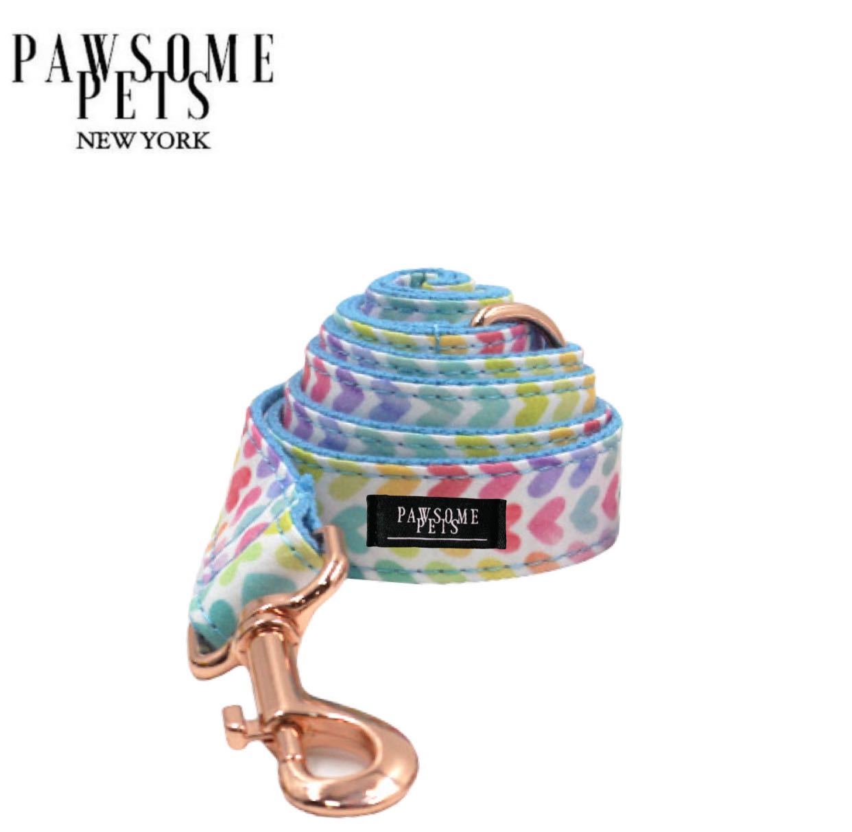 Colorful rainbow leash with blue and gold accents, featuring rose gold hardware and a sturdy D-Ring.