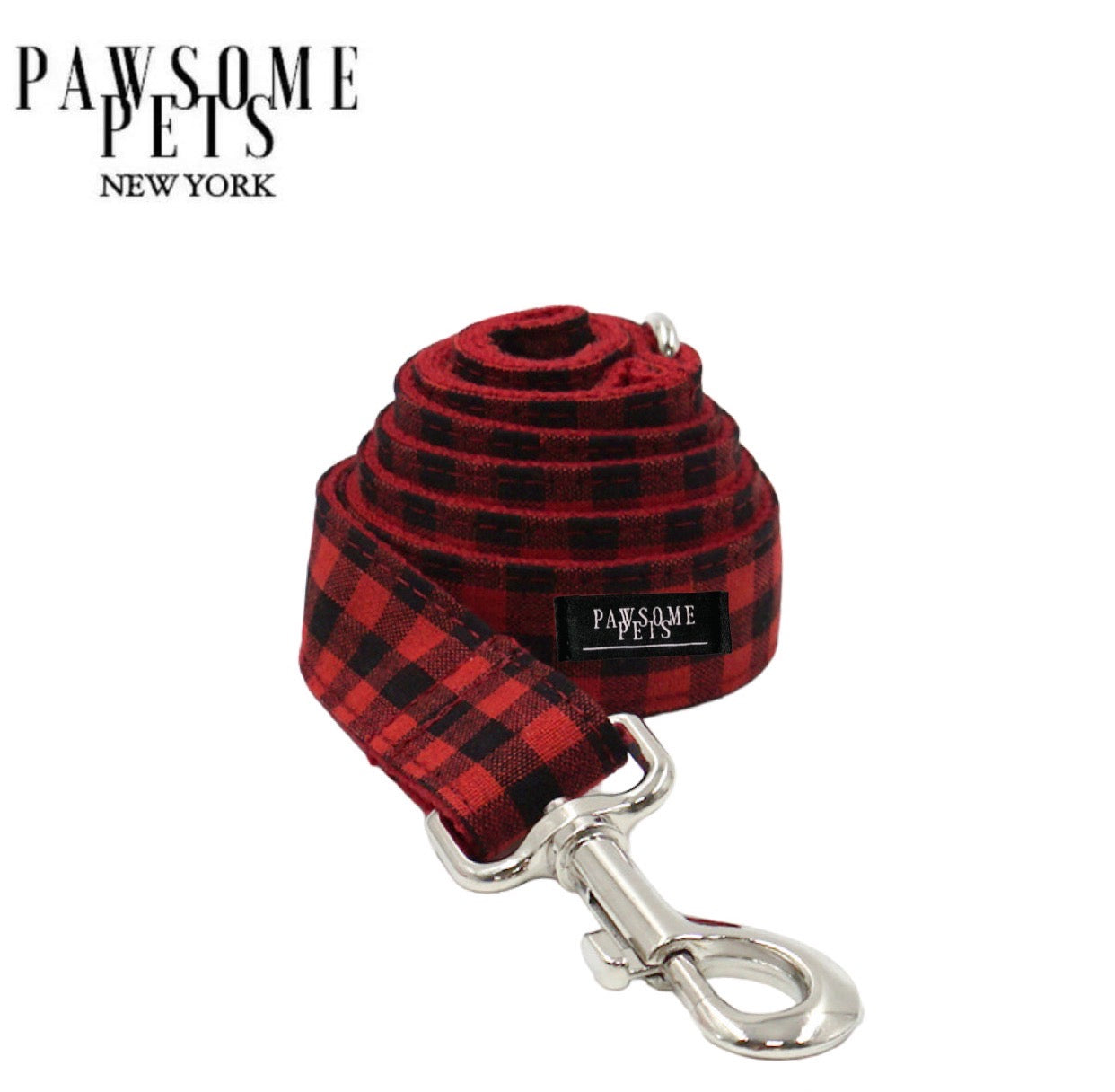 Stylish red and black striped pet leash with rose gold hardware and D-Ring for accessories.