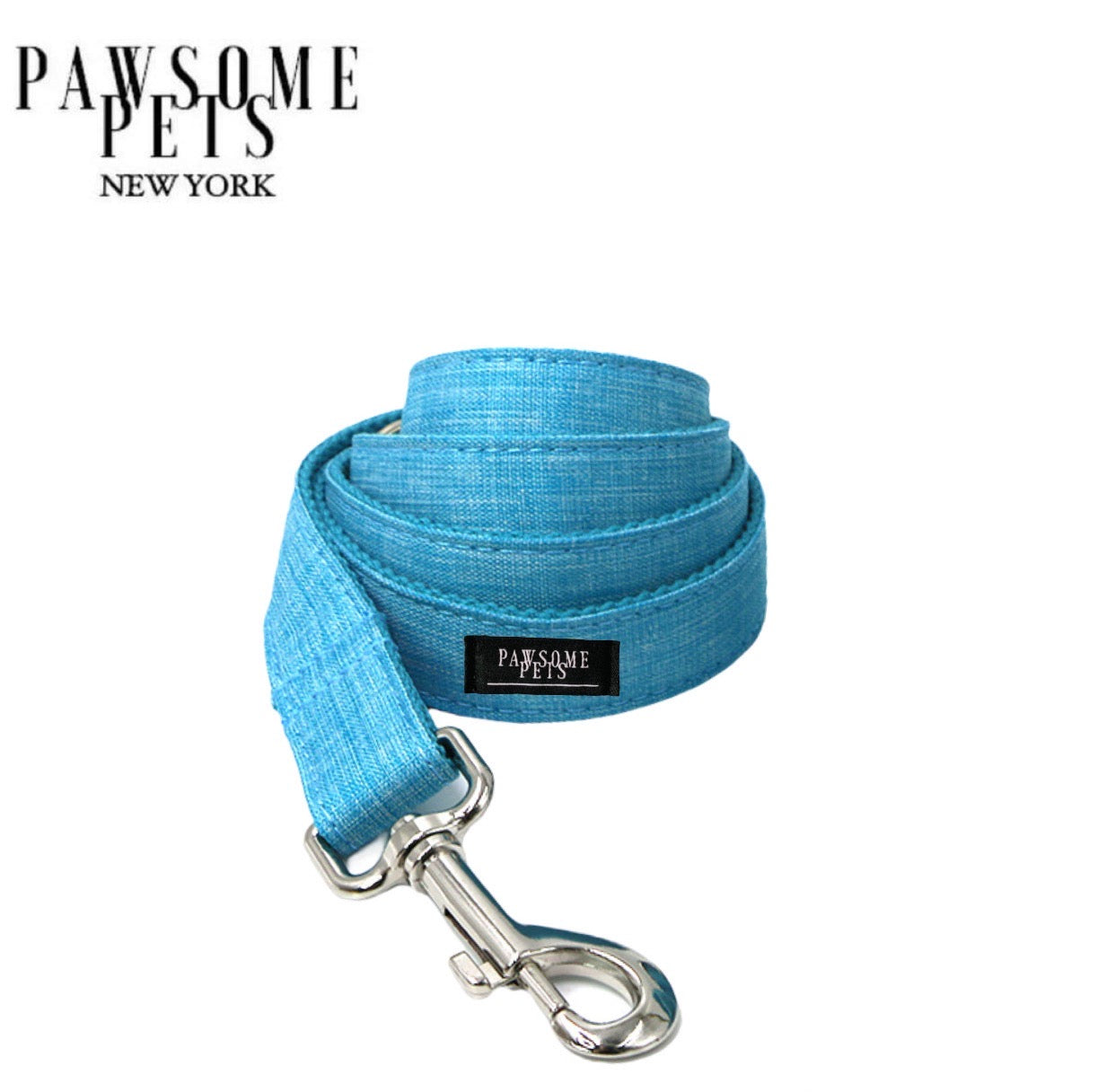 Sky blue dog leash with rose gold hardware, featuring a sturdy D-Ring and reinforced nylon strapping.