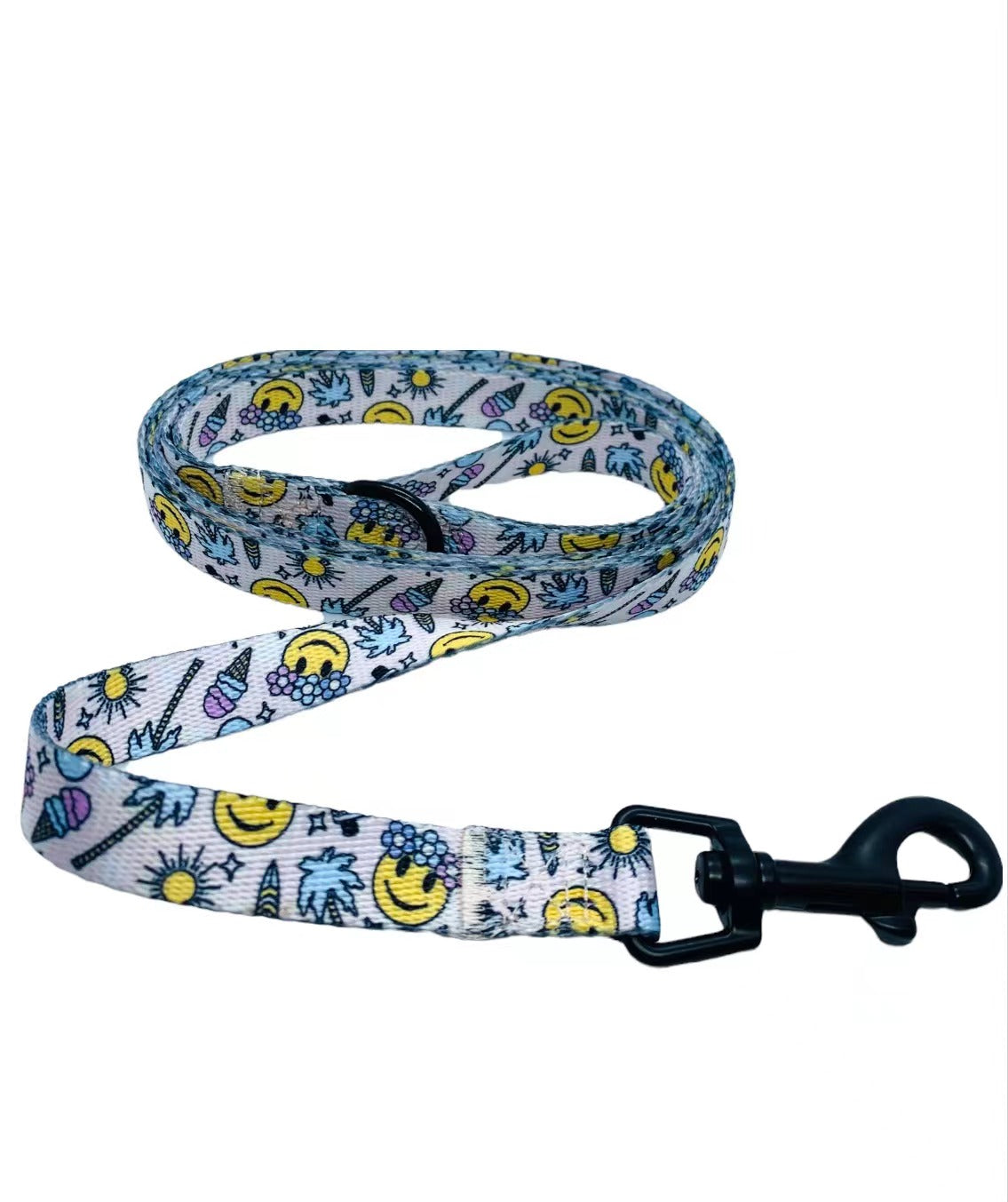 A vibrant nylon dog leash featuring a cheerful smiley print, designed for comfort and durability during walks.