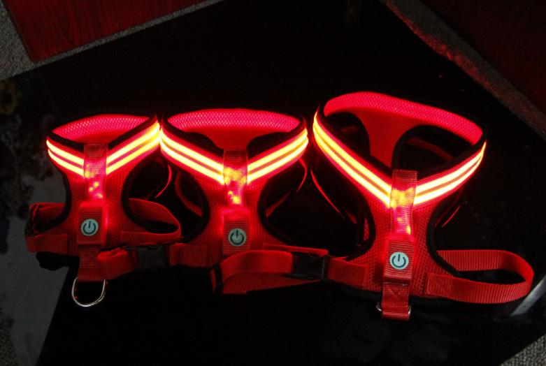 A brightly colored LED dog harness featuring optic fiber lights, adjustable straps, and a durable design, perfect for nighttime visibility.