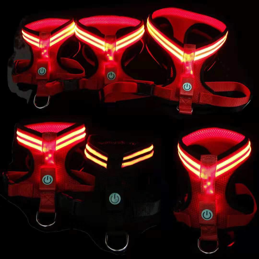 A brightly colored LED dog harness featuring optic fiber lights, adjustable straps, and a durable design, perfect for nighttime visibility.