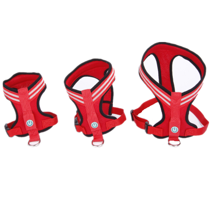 A brightly colored LED dog harness featuring optic fiber lights, adjustable straps, and a durable design, perfect for nighttime visibility.