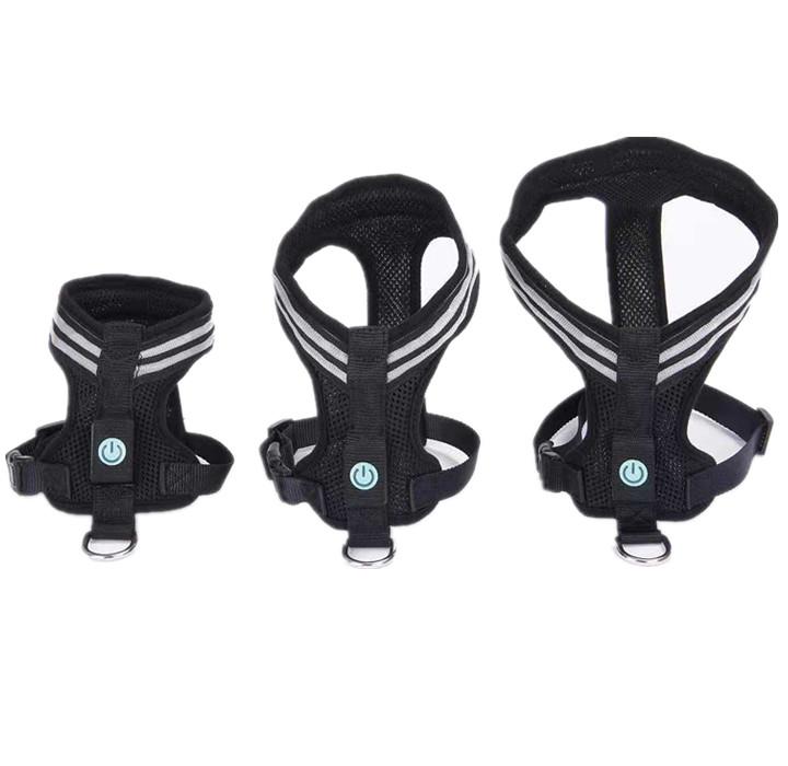 A brightly colored LED dog harness featuring optic fiber lights, adjustable straps, and a durable design, perfect for nighttime visibility.