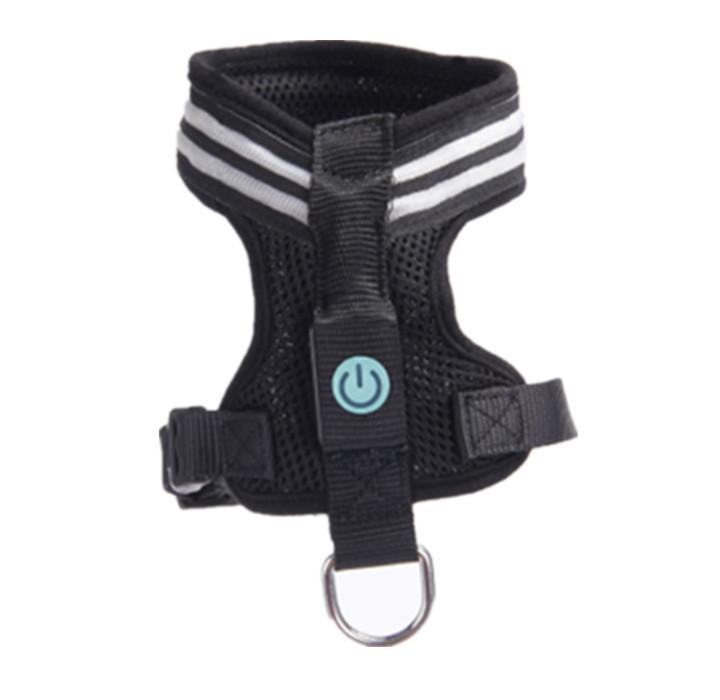 A brightly colored LED dog harness featuring optic fiber lights, adjustable straps, and a durable design, perfect for nighttime visibility.