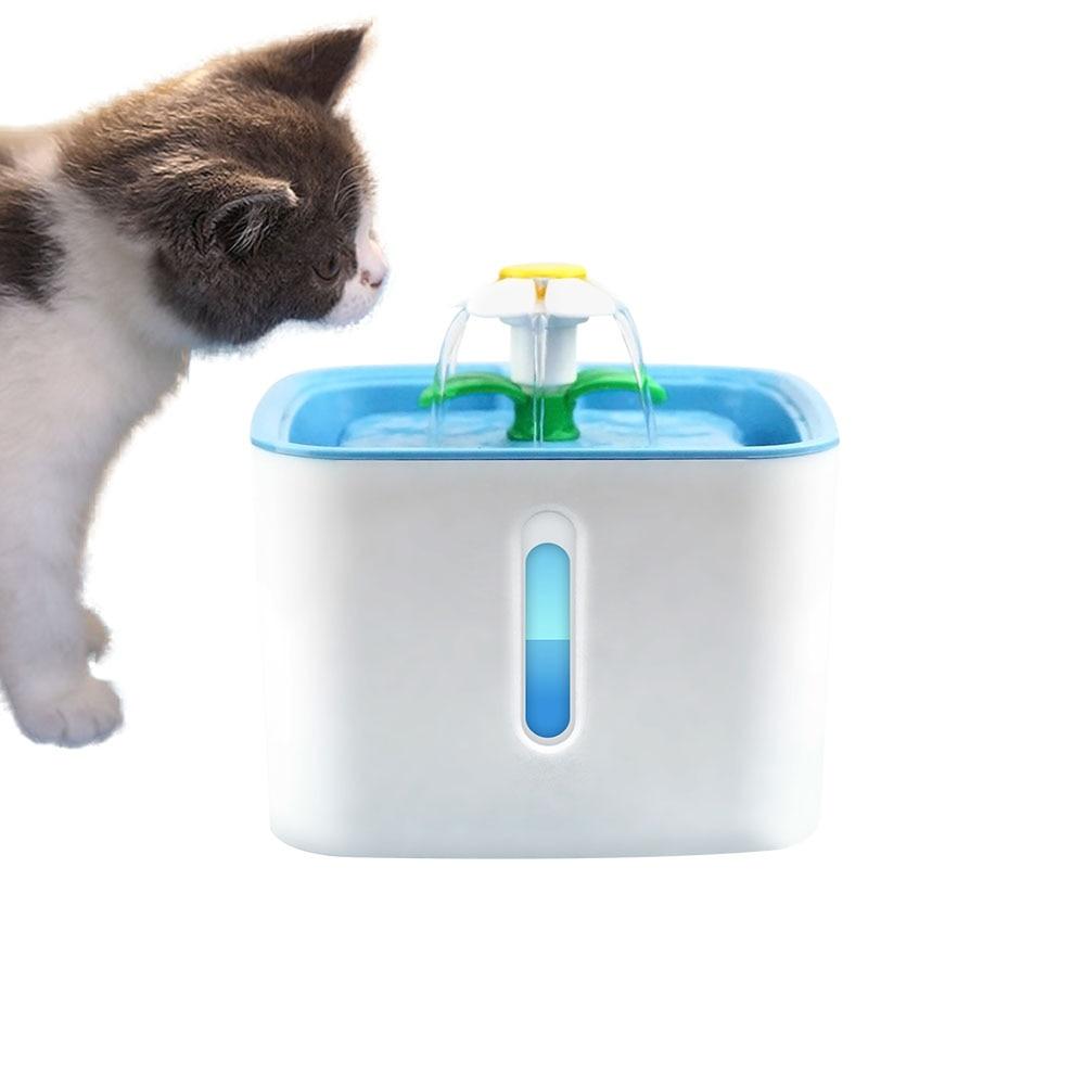 LED Electric USB Automatic Cat Water Fountain with blue and white design, featuring a water level indicator and multiple flow modes.