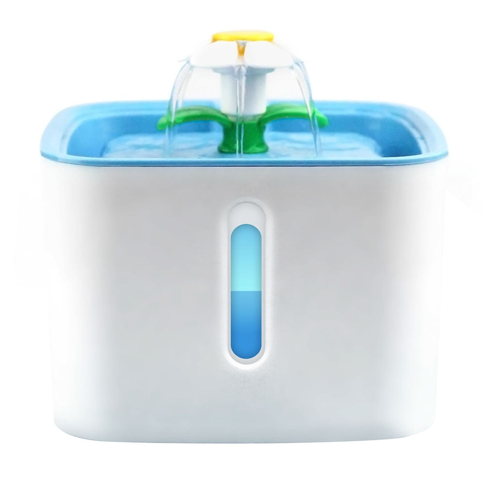 LED Electric USB Automatic Cat Water Fountain with blue and white design, featuring a water level indicator and multiple flow modes.