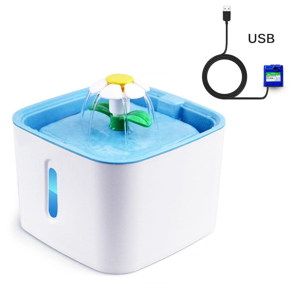 LED Electric USB Automatic Cat Water Fountain with blue and white design, featuring a water level indicator and multiple flow modes.