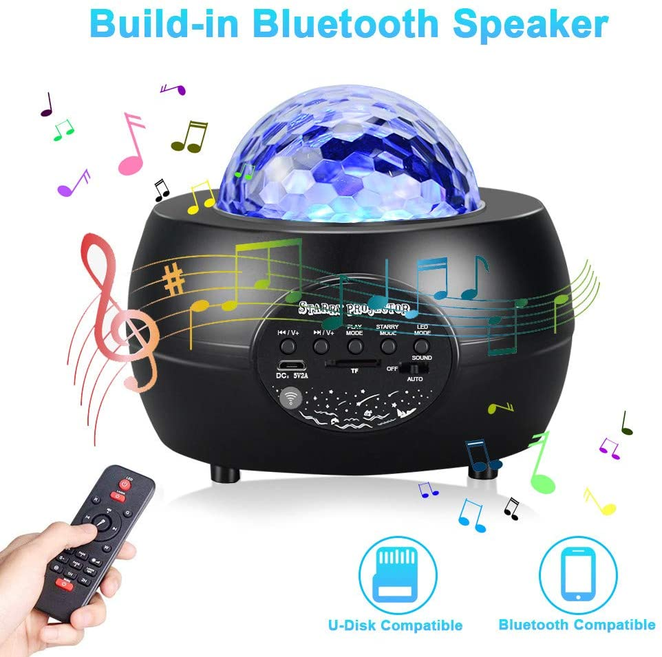 LED Night Light Starry Sky Projector with Bluetooth speaker, showcasing colorful water patterns and laser effects.
