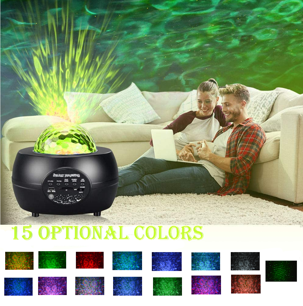 LED Night Light Starry Sky Projector with Bluetooth speaker, showcasing colorful water patterns and laser effects.
