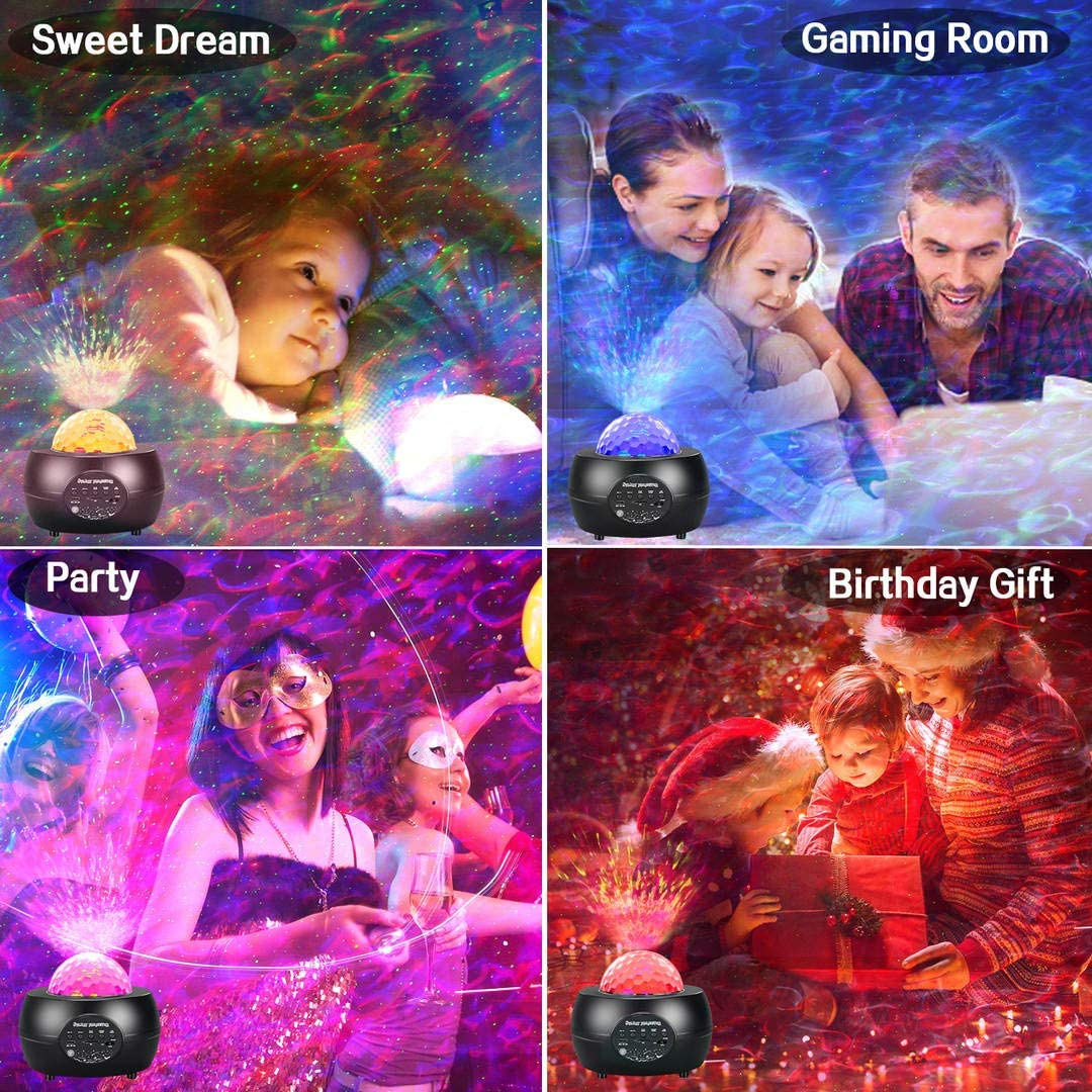 LED Night Light Starry Sky Projector with Bluetooth speaker, showcasing colorful water patterns and laser effects.