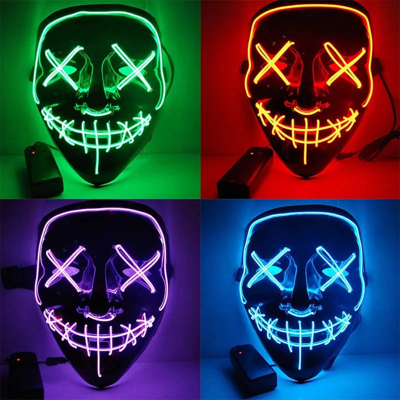 LED Purge Mask glowing in vibrant colors, perfect for Halloween and parties, showcasing its light-up features and stylish design.