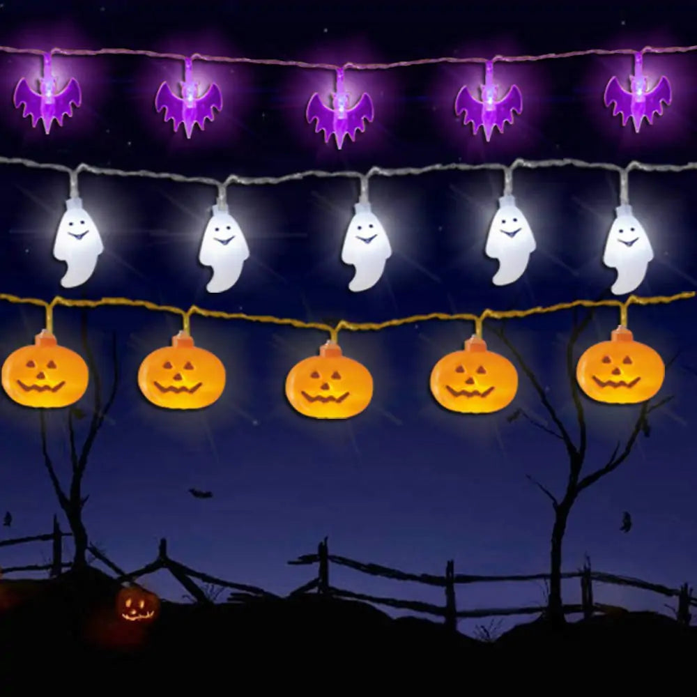 Colorful LED Halloween Light String featuring pumpkins, bats, and skulls, perfect for festive decorations.