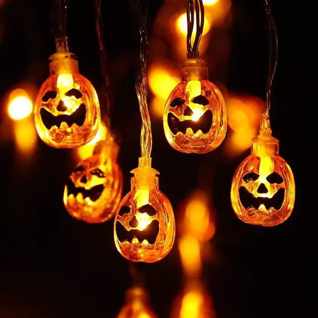 Colorful LED Halloween Light String featuring pumpkins, bats, and skulls, perfect for festive decorations.