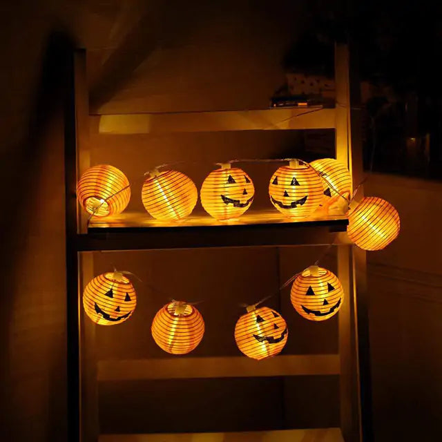 Colorful LED Halloween Light String featuring pumpkins, bats, and skulls, perfect for festive decorations.
