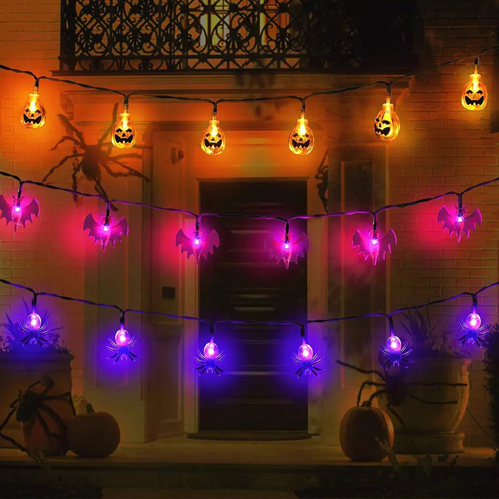Colorful LED Halloween Light String featuring pumpkins, bats, and skulls, perfect for festive decorations.