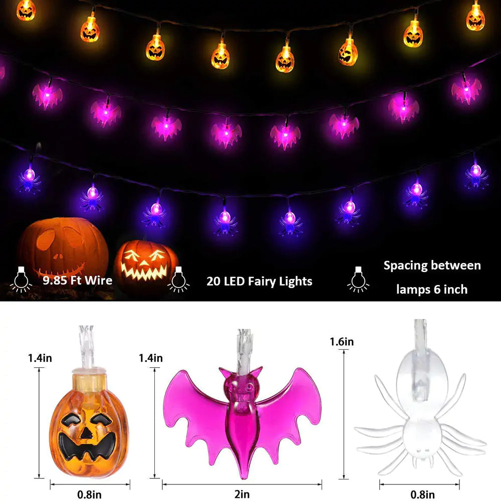 Colorful LED Halloween Light String featuring pumpkins, bats, and skulls, perfect for festive decorations.