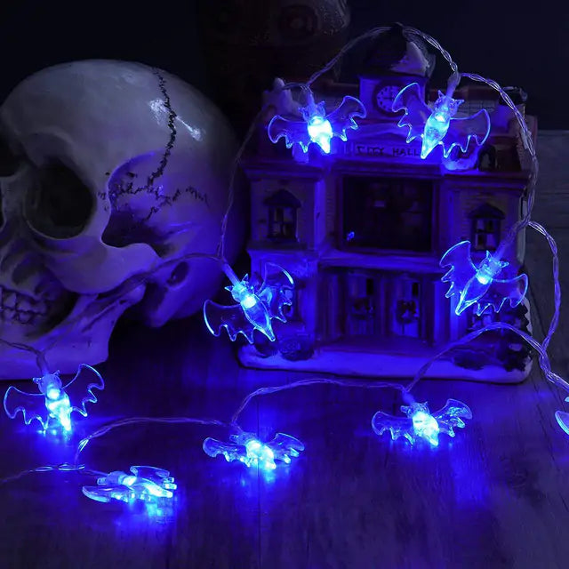 Colorful LED Halloween Light String featuring pumpkins, bats, and skulls, perfect for festive decorations.