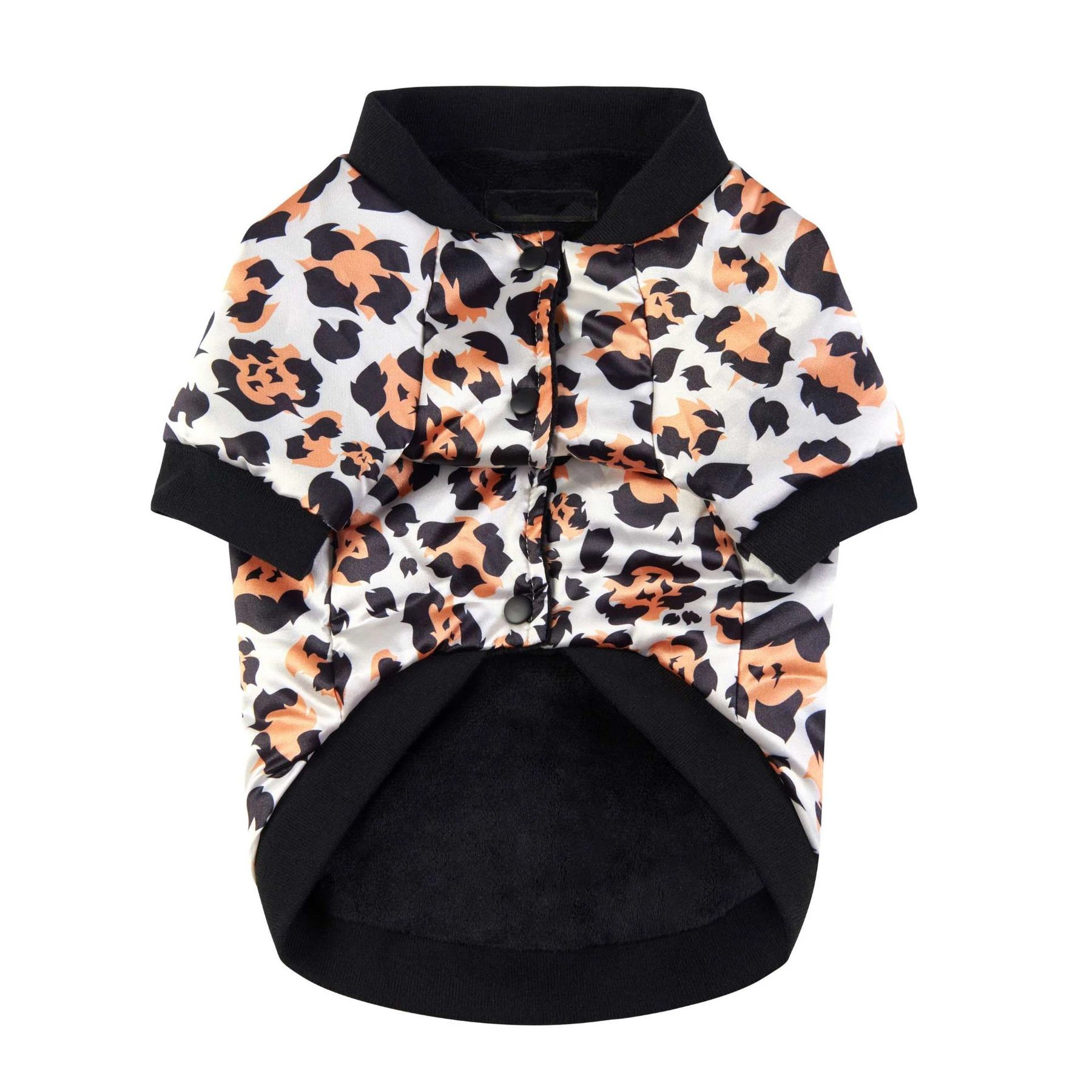 A stylish leopard print satin bomber jacket for dogs, featuring a soft polar fleece interior for comfort.