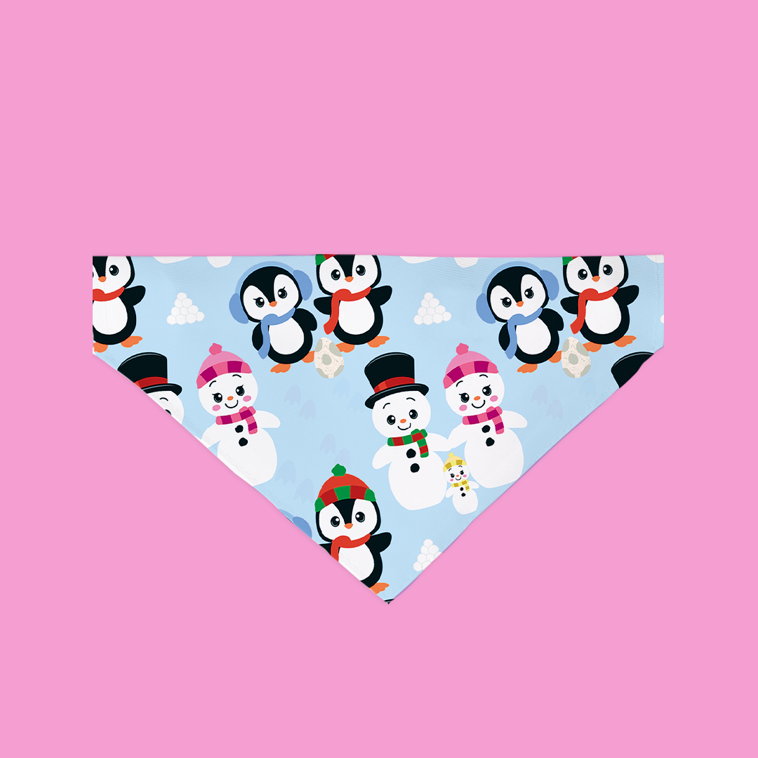 Let It Snow Bandana featuring a blue background with cute snowman patterns, designed for pets to wear during the holidays.
