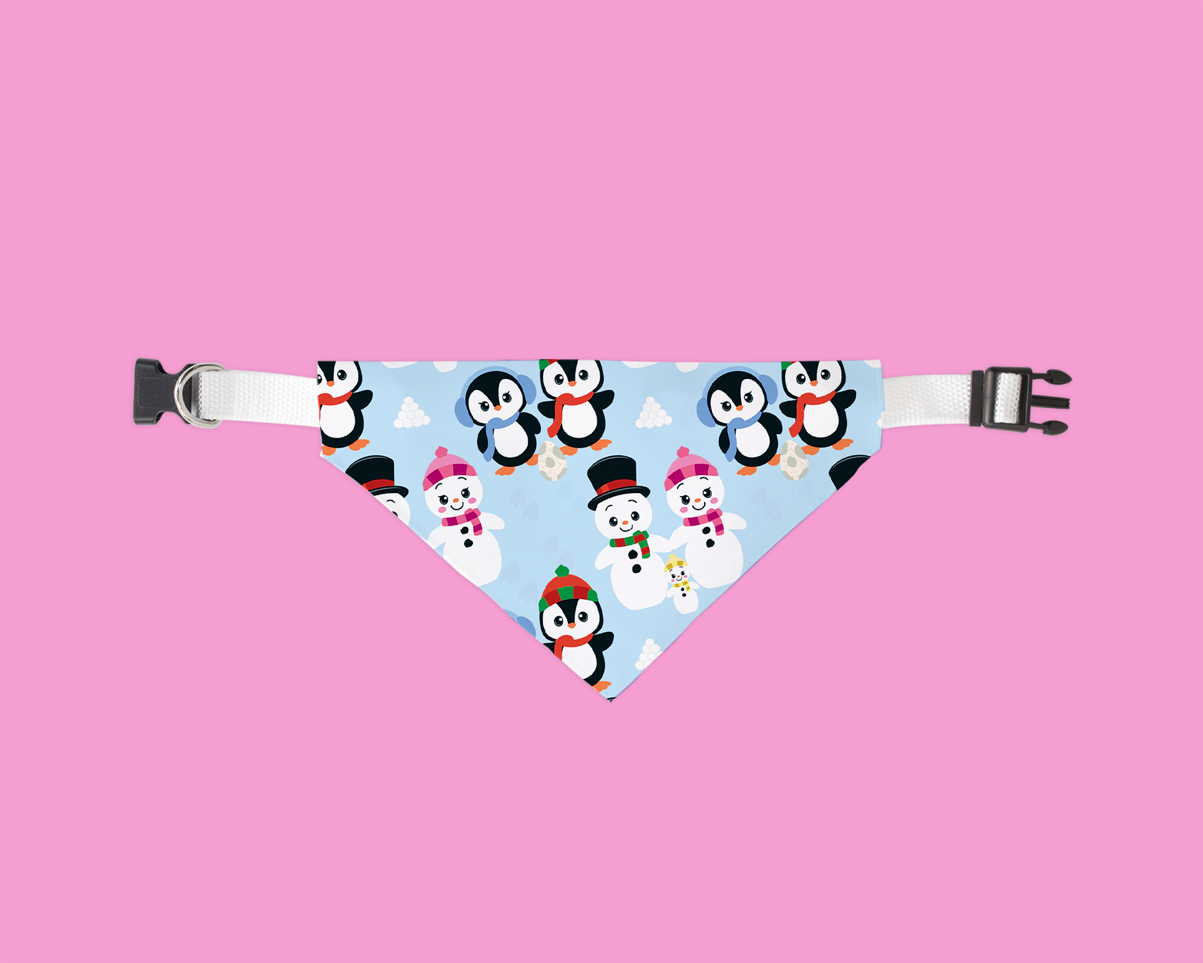 Let It Snow Bandana featuring a blue background with cute snowman patterns, designed for pets to wear during the holidays.