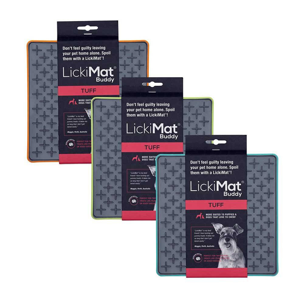 Lickimat Buddy Deluxe Treat Mat for dogs and cats, featuring a textured surface for spreading soft treats, available in vibrant colors.