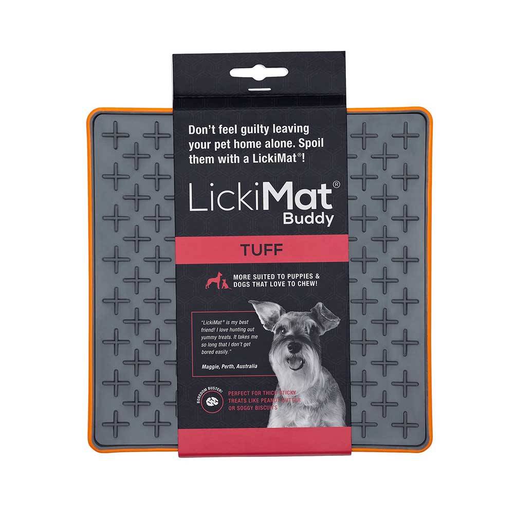 Lickimat Buddy Deluxe Treat Mat for dogs and cats, featuring a textured surface for spreading soft treats, available in vibrant colors.