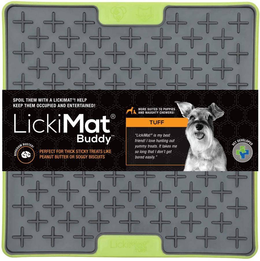 Lickimat Buddy Deluxe Treat Mat for dogs and cats, featuring a textured surface for spreading soft treats, available in vibrant colors.