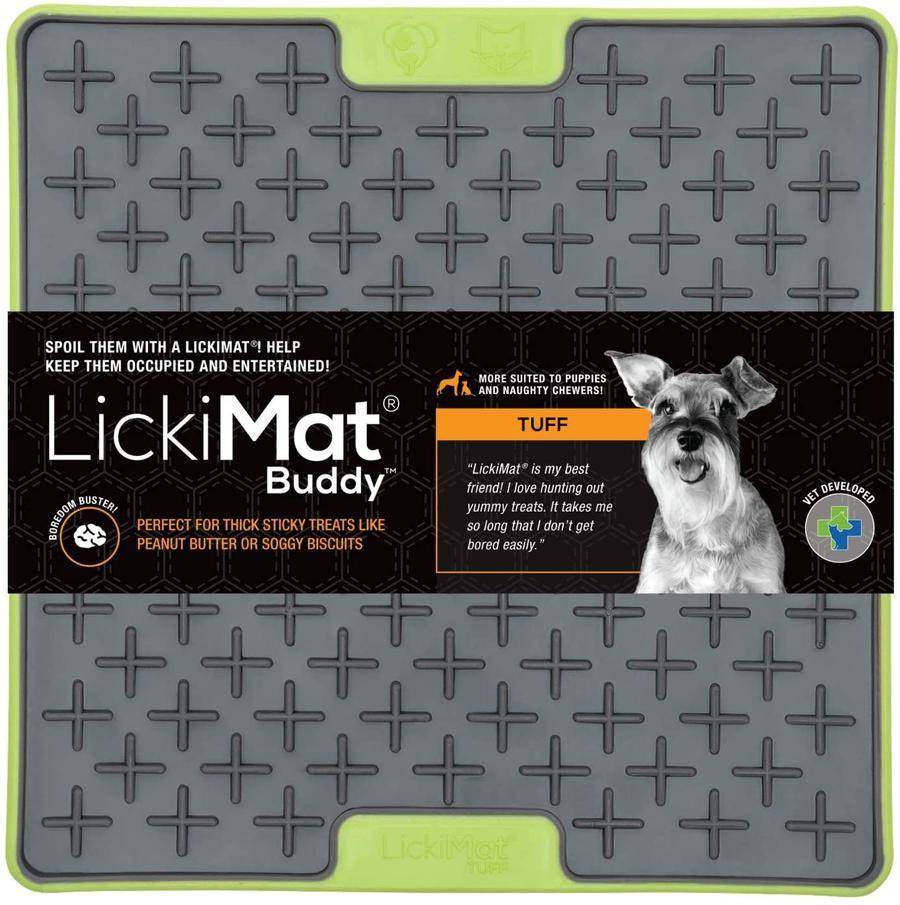 Lickimat Buddy Deluxe Treat Mat for dogs and cats, featuring a textured surface for spreading soft treats, available in vibrant colors.