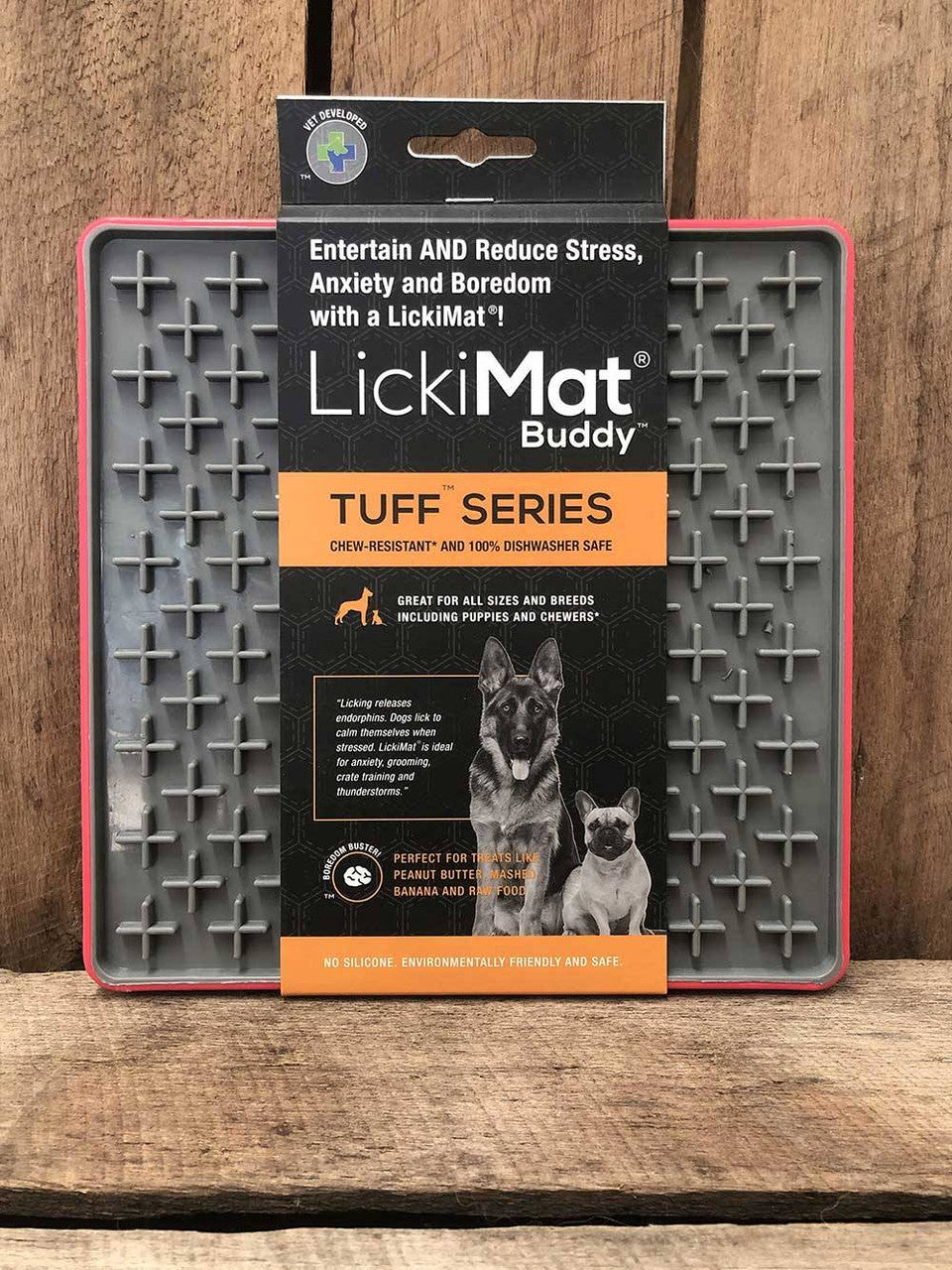 Lickimat Buddy Deluxe Treat Mat for dogs and cats, featuring a textured surface for spreading soft treats, available in vibrant colors.